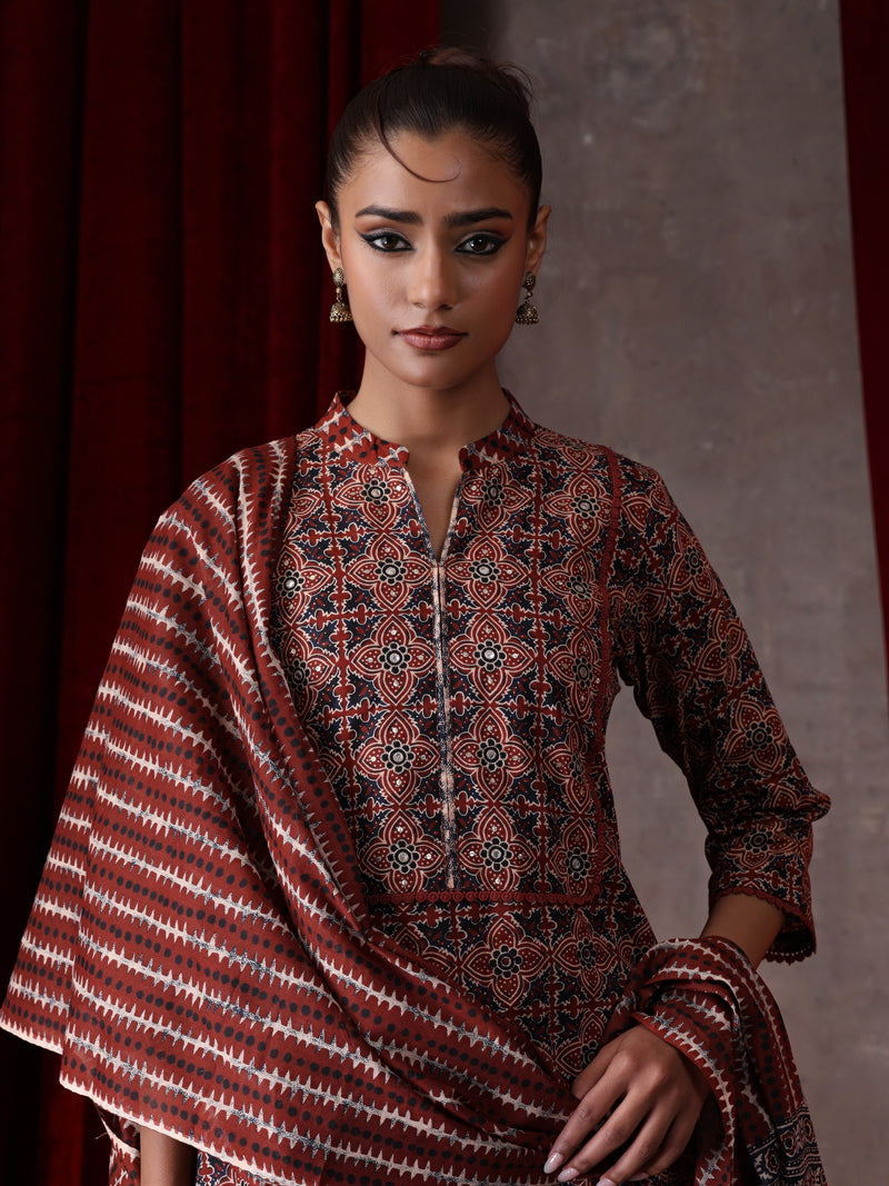 Khushal K Women Cotton kurta and palazzo with dupatta set - Rust