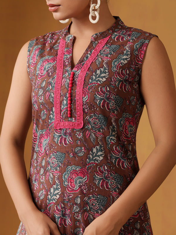 Khushal K Floral Printed Mandarin Collar Pure Cotton Straight Kurta set