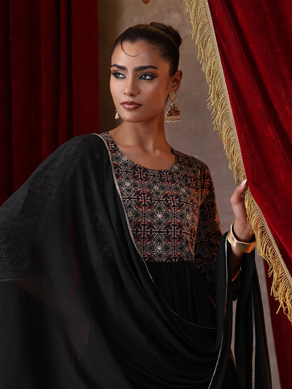 Khushal K Women Cotton kurta and palazzo with dupatta set - Black