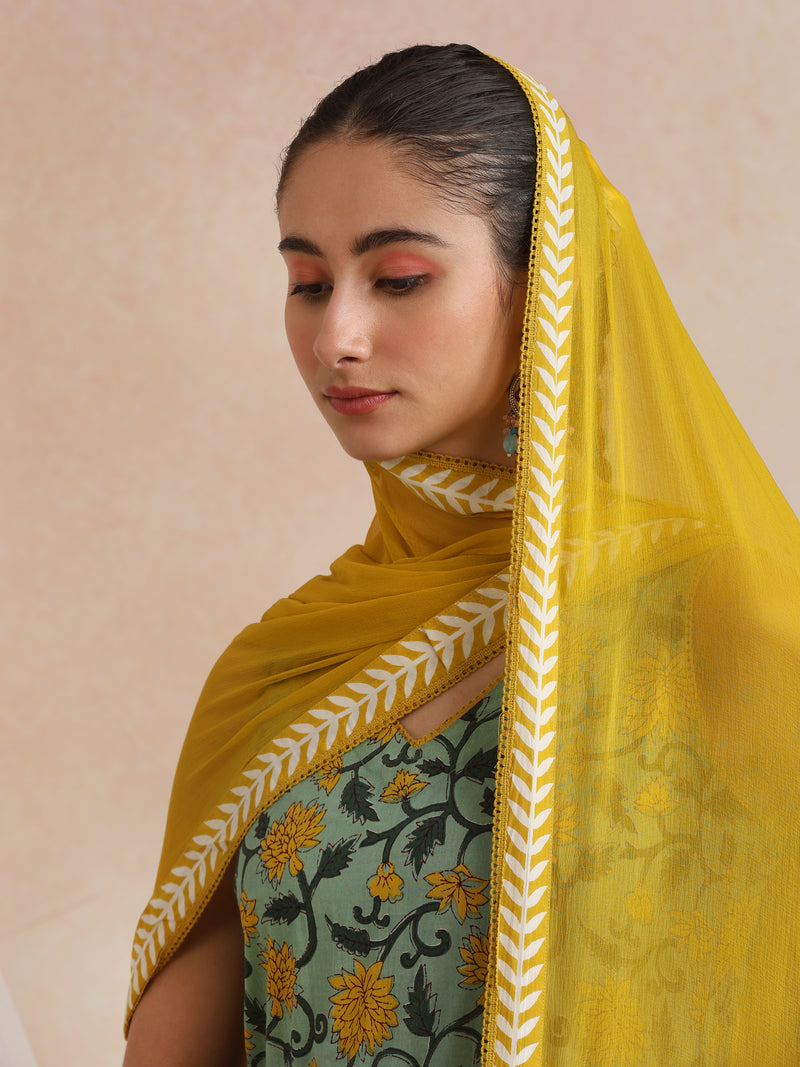 Khushal K Women Cotton Kurta Palazzo Dupatta Set - Green
