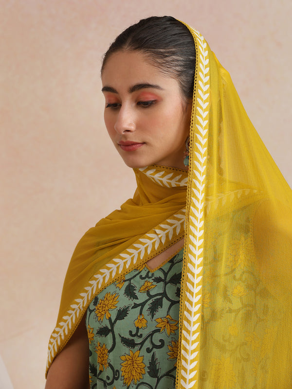 Khushal K Women Cotton Kurta Palazzo Dupatta Set - Green