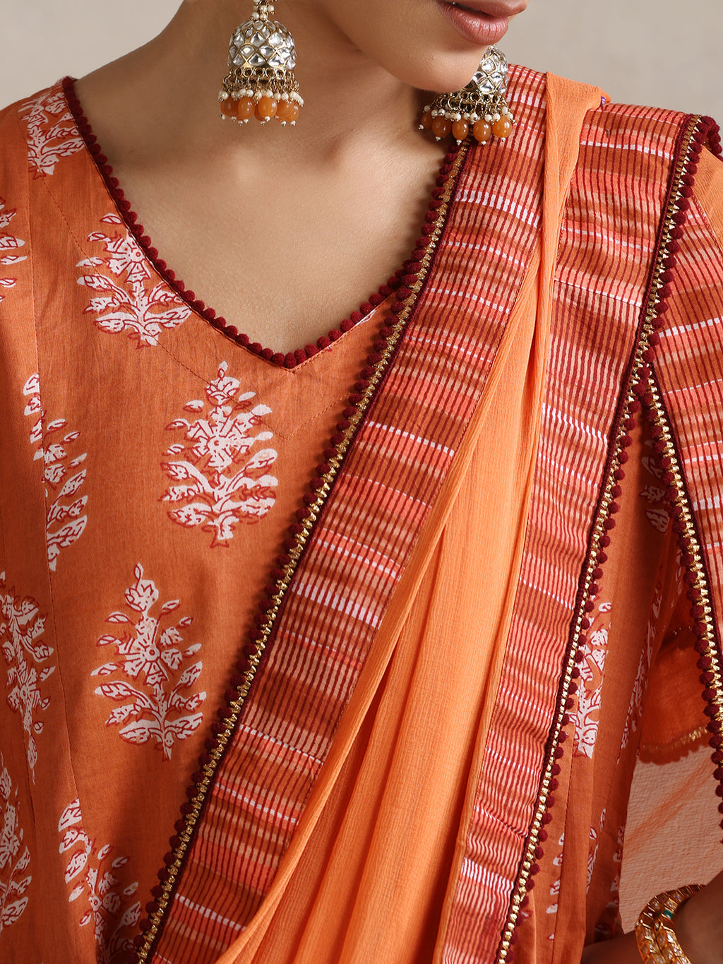 Floral Printed V Neck Pure Cotton A-Line Kurta With Palazzos & Dupatta