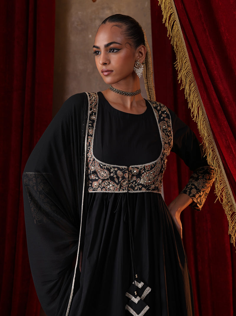 Khushal K Women Cotton kurta and palazzo with dupatta set - Black