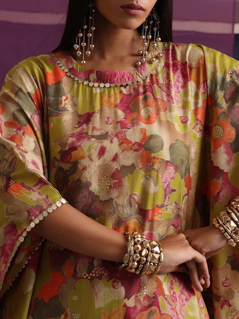 Khushal K Women Round Neck Prined Chanderi Green Kaftan set