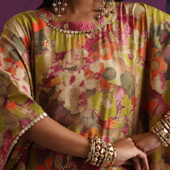 Khushal K Women Round Neck Prined Chanderi Green Kaftan set