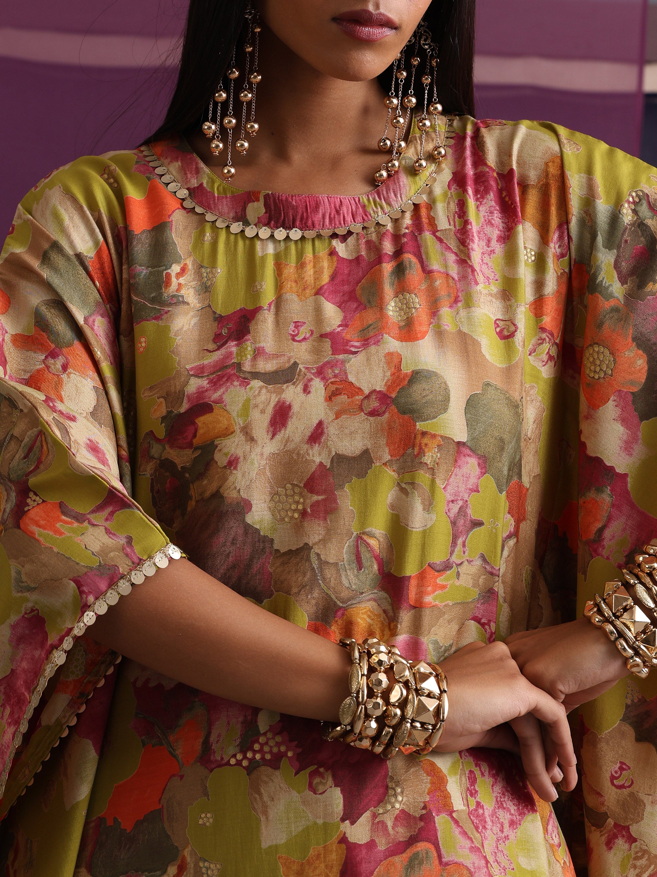 Khushal K Women Round Neck Prined Chanderi Green Kaftan set