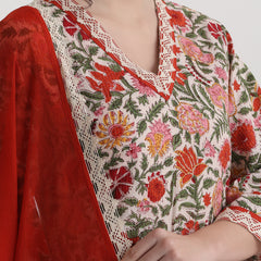 Floral Printed V-Neck Pure Cotton A-Line Kurta With Palazzos And Dupatta