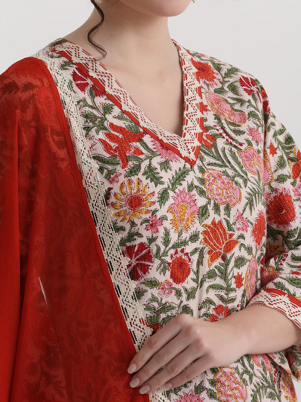 Floral Printed V-Neck Pure Cotton A-Line Kurta With Palazzos And Dupatta