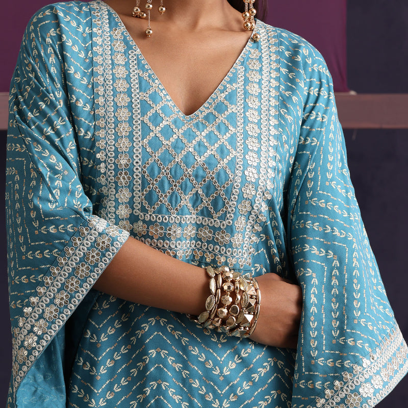 Women Ethnic Motifs Printed Kaftan Set - Sky Blue - Khushal K - Image 2