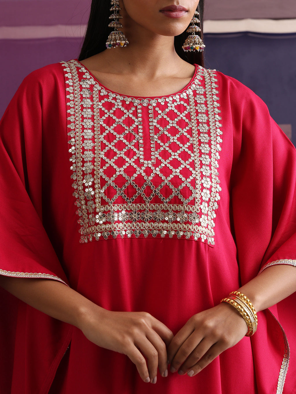 Khushal K Women Motifs Embroidered Pink Kaftan set