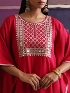 Khushal K Women Motifs Embroidered Pink Kaftan set