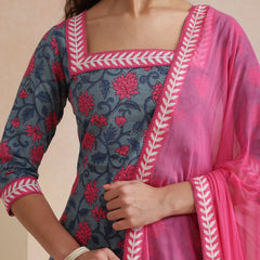 Khushal K Women Cotton Kurta Palazzo Dupatta Set - Blue