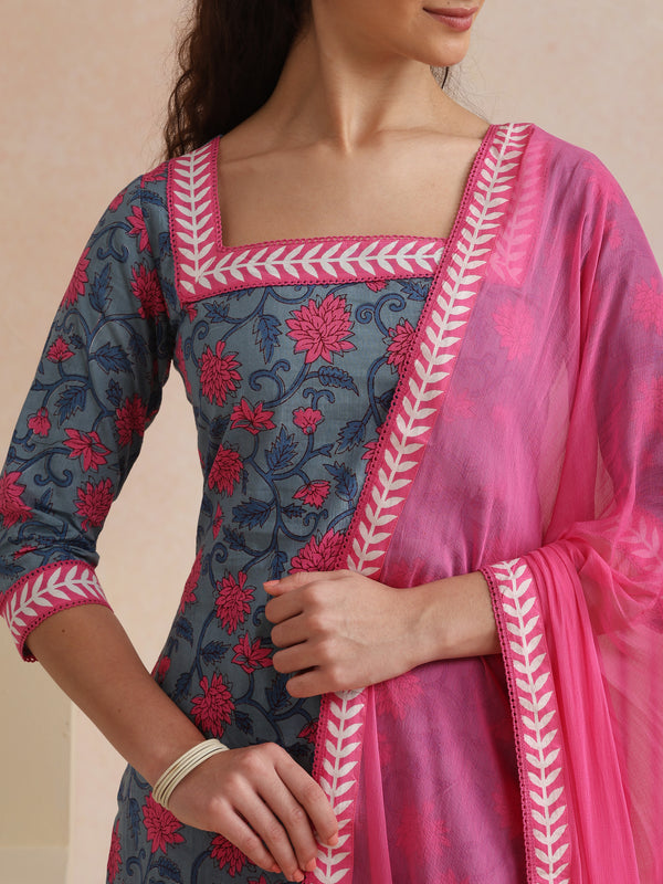 Khushal K Women Cotton Kurta Palazzo Dupatta Set - Blue