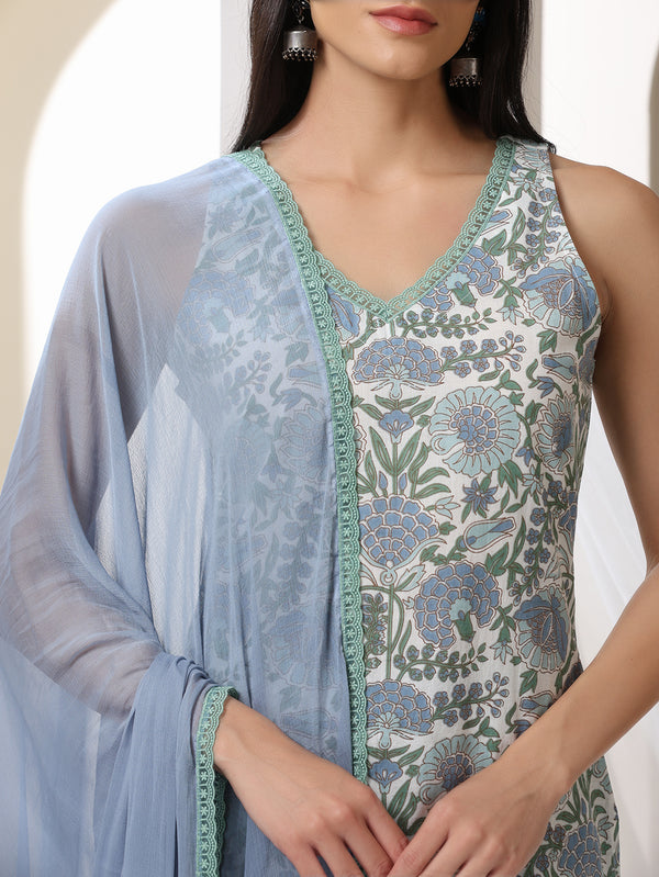 Women Floral Printed Regular Pure Cotton Kurta with Palazzos & With Dupatta