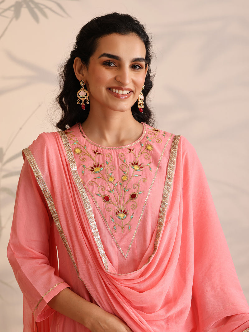 Khushal K Women Cotton Kurta and Palazzo With Dupatta Set - Pink
