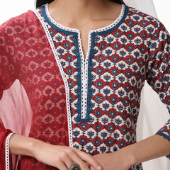 Floral Printed Notch-Neck Pure Cotton Kurta With Trousers And Dupatta
