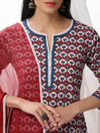 Floral Printed Notch-Neck Pure Cotton Kurta With Trousers And Dupatta