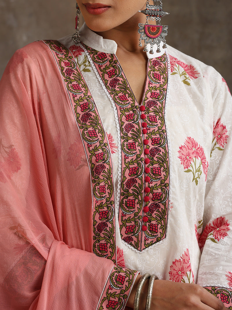 Floral Printed Mandarin Collar Pure Cotton A-Line Kurta With Palazzos & Dupatta