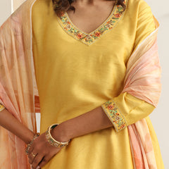 Khushal K Women Pure Silk yellow Embroidered Kurta & Palazzo With Dupatta