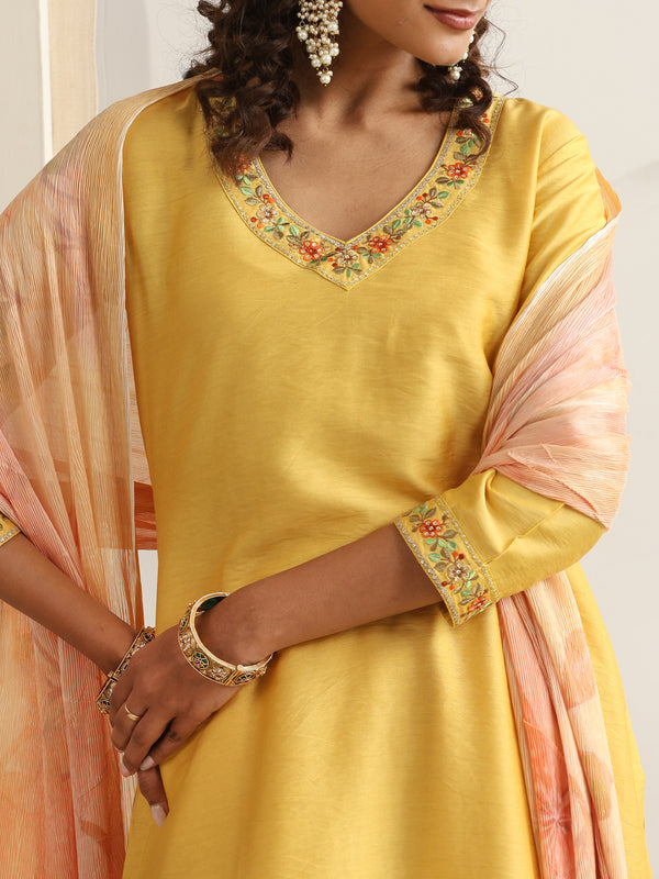 Khushal K Women Pure Silk yellow Embroidered Kurta & Palazzo With Dupatta