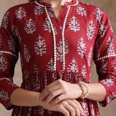Women Floral Printed Mandarin Collar A-Line Tiered Midi Dress