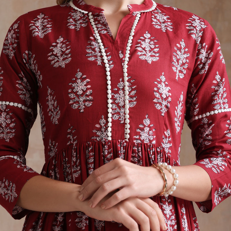 Women Floral Printed Mandarin Collar A-Line Tiered Midi Dress - Maroon - Khushal K - Image 3