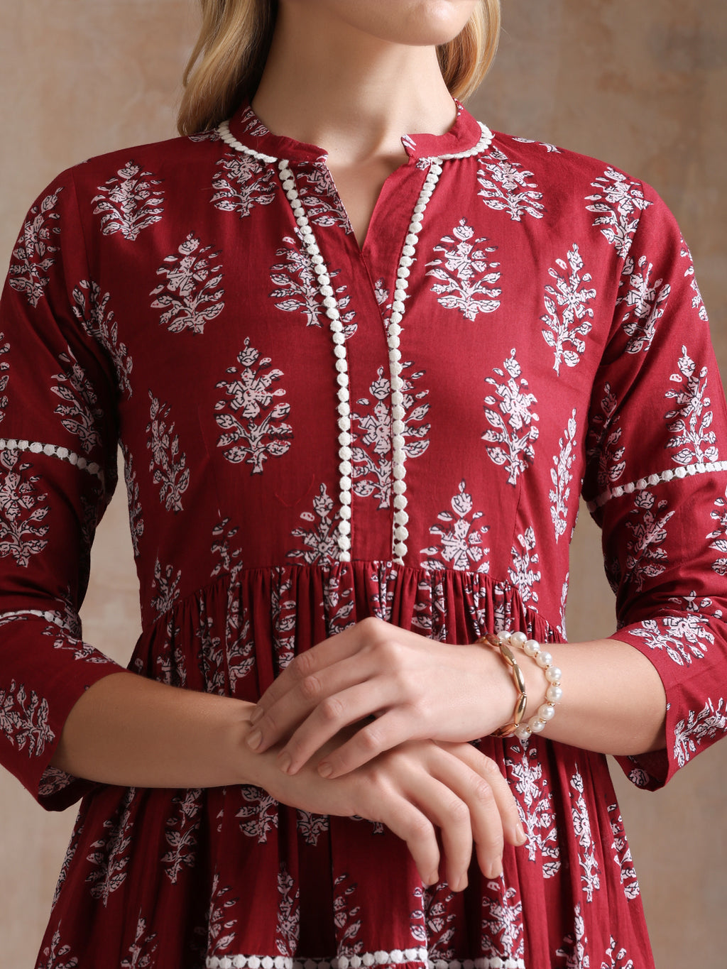 Women Floral Printed Mandarin Collar A-Line Tiered Midi Dress