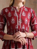 Women Floral Printed Mandarin Collar A-Line Tiered Midi Dress