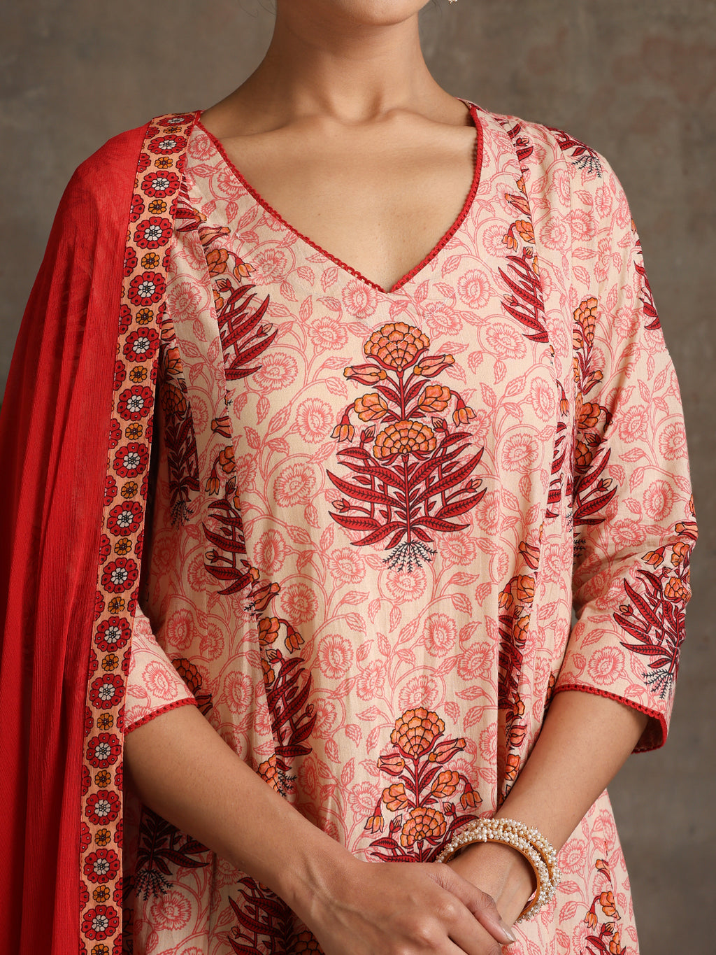 Floral Printed Pure Cotton Anarkali Kurta With Palazzos And Dupatta