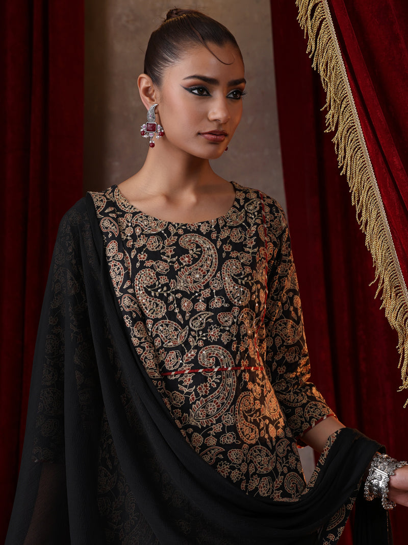 Khushal K Women Cotton kurta and palazzo with dupatta set - Black