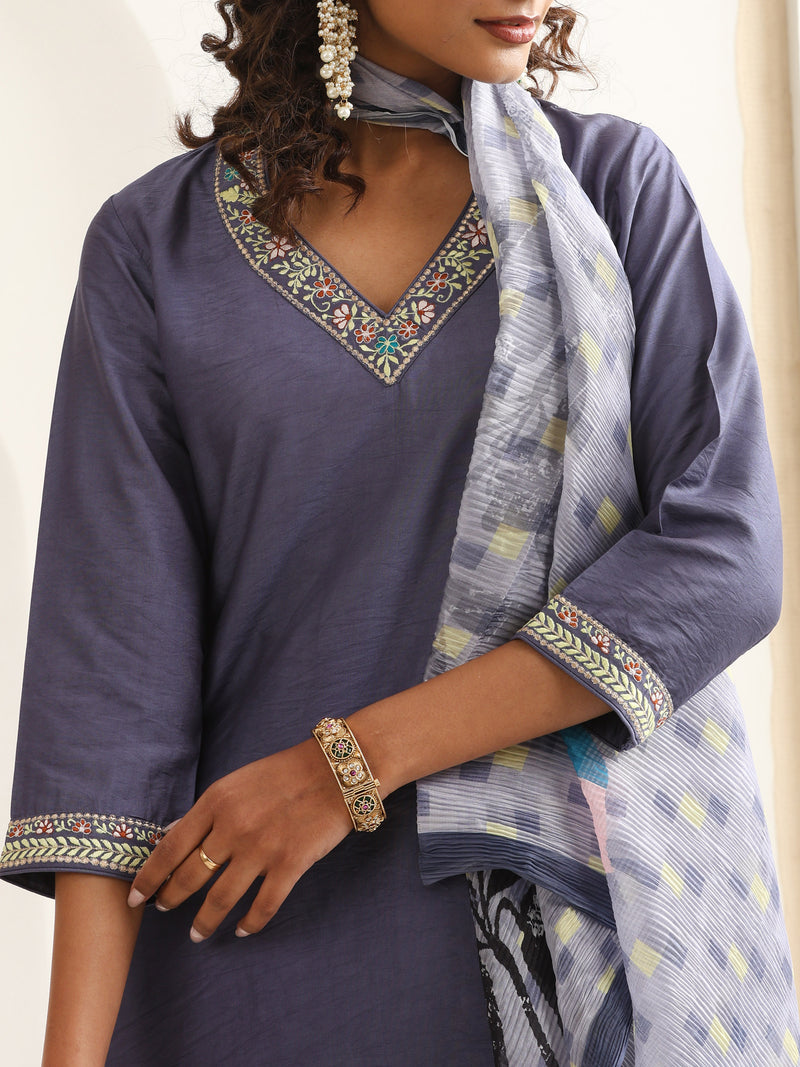 Khushal K Women Pure Silk grey Embroidered Kurta & Palazzo With Dupatta