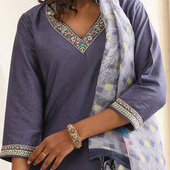 Khushal K Women Pure Silk grey Embroidered Kurta & Palazzo With Dupatta