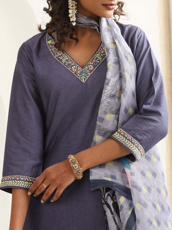 Khushal K Women Pure Silk grey Embroidered Kurta & Palazzo With Dupatta