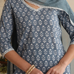 Khushal K Women Blue Floral Printed Regular Pure Cotton Kurta & Palazzo With Dupatta