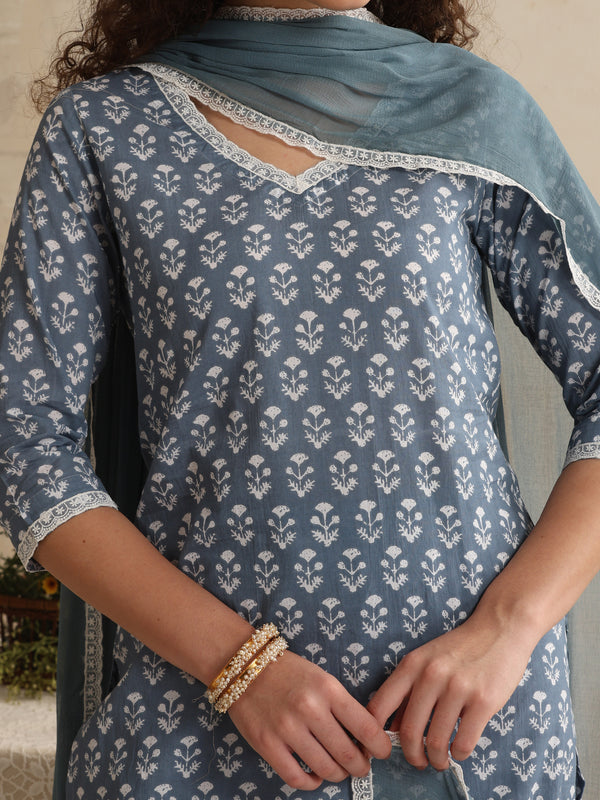 Khushal K Women Blue Floral Printed Regular Pure Cotton Kurta & Palazzo With Dupatta
