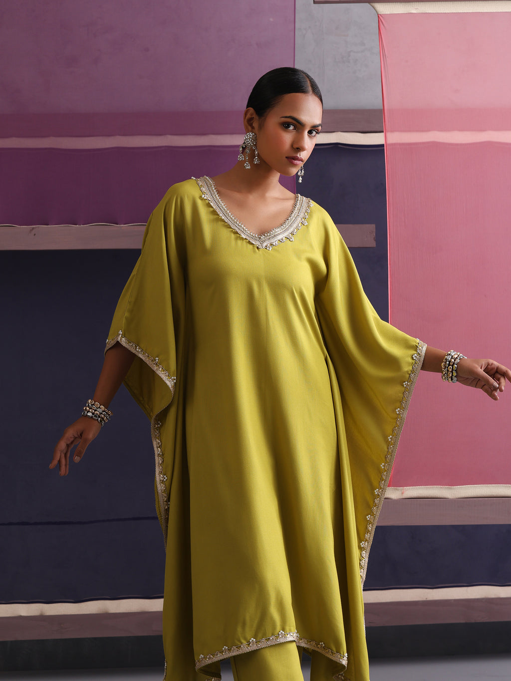 Khushal K Women V-Neck Green Kaftan set