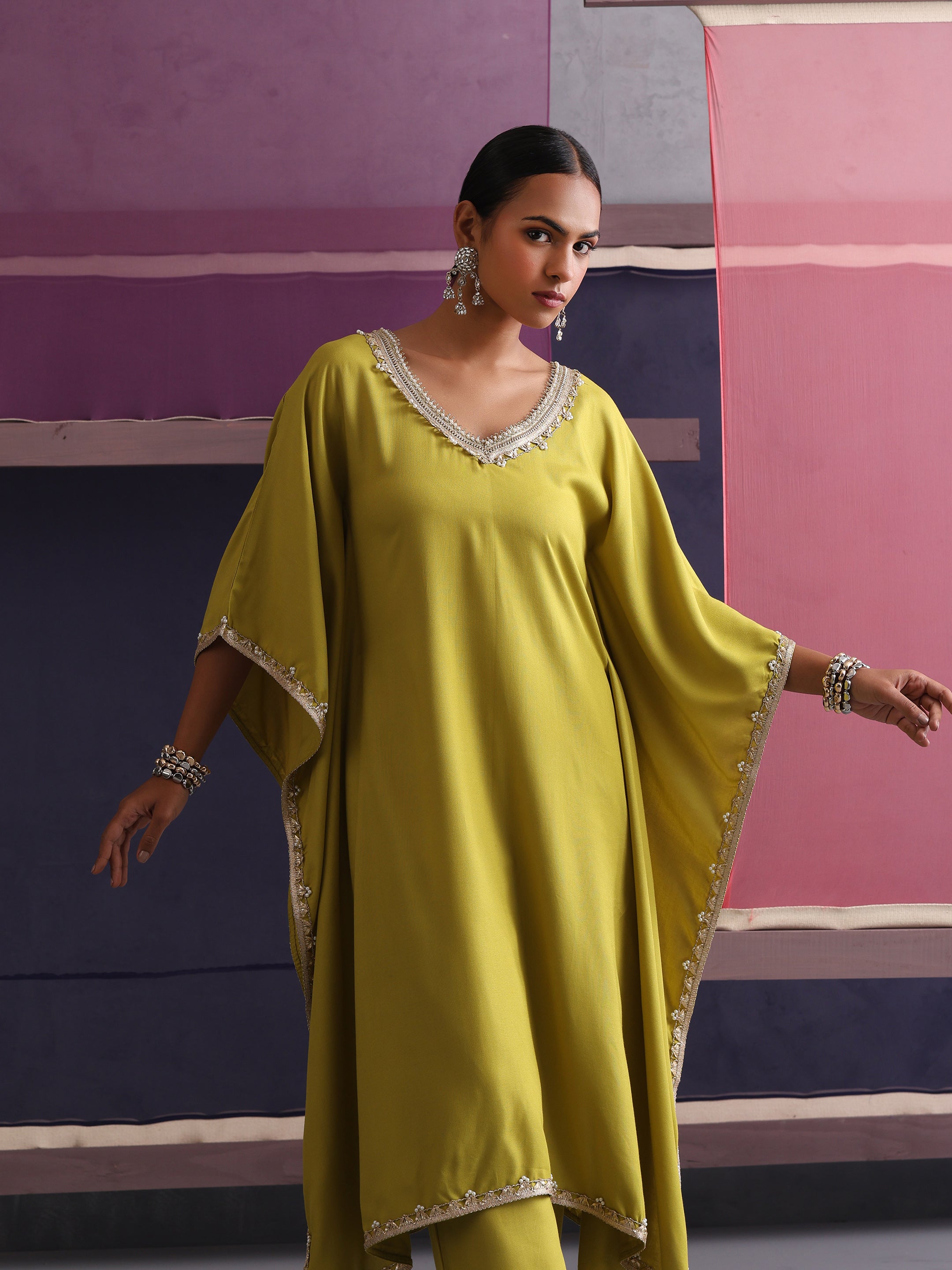 Khushal K Women V-Neck Green Kaftan set