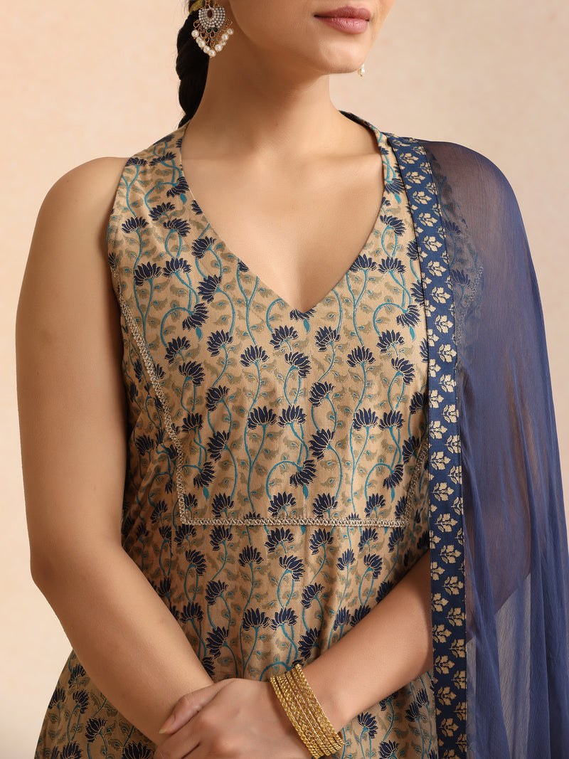 Beige & Navy Blue Printed Kurta with Palazzos & Dupatta Set