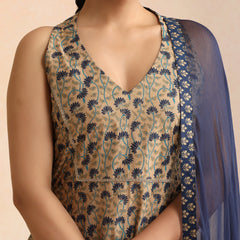 Beige & Navy Blue Printed Kurta with Palazzos & Dupatta Set
