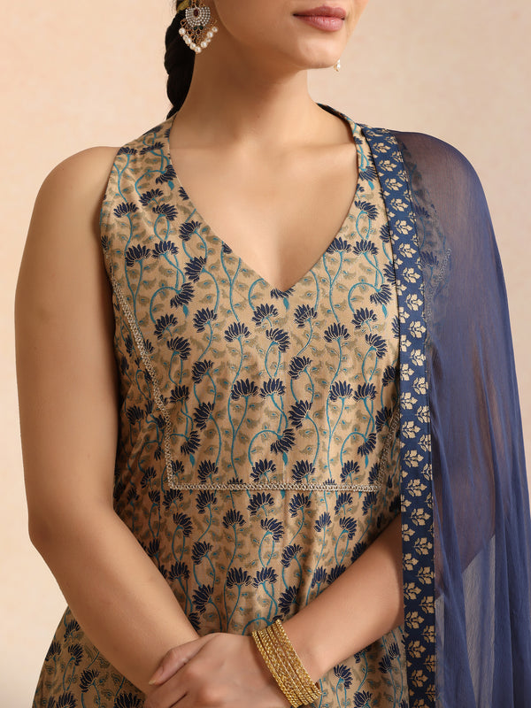 Beige & Navy Blue Printed Kurta with Palazzos & Dupatta Set