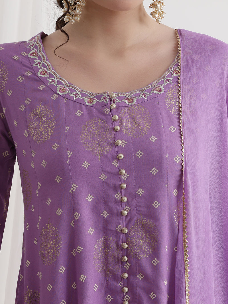 Floral Printed Round Neck Thread Work A-Line Kurta With Trousers & Dupatta