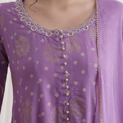 Floral Printed Round Neck Thread Work A-Line Kurta With Trousers & Dupatta