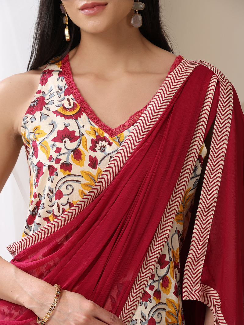 Khushal K Floral Printed V-Neck Pure Cotton Straight Kurta set