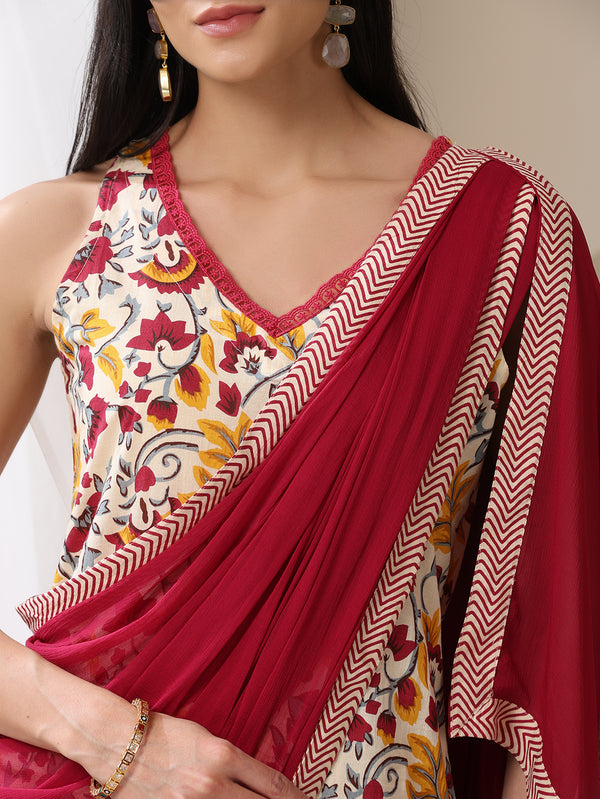 Khushal K Floral Printed V-Neck Pure Cotton Straight Kurta set