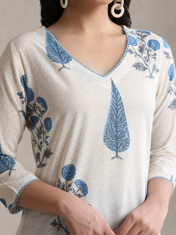 Floral Printed Cotton V-Neck Tunic With Palazzo Co-Ords
