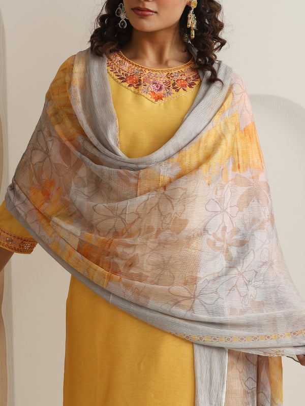 Khushal K Women Pure Silk yellow Embroidered Kurta & Palazzo With Dupatta