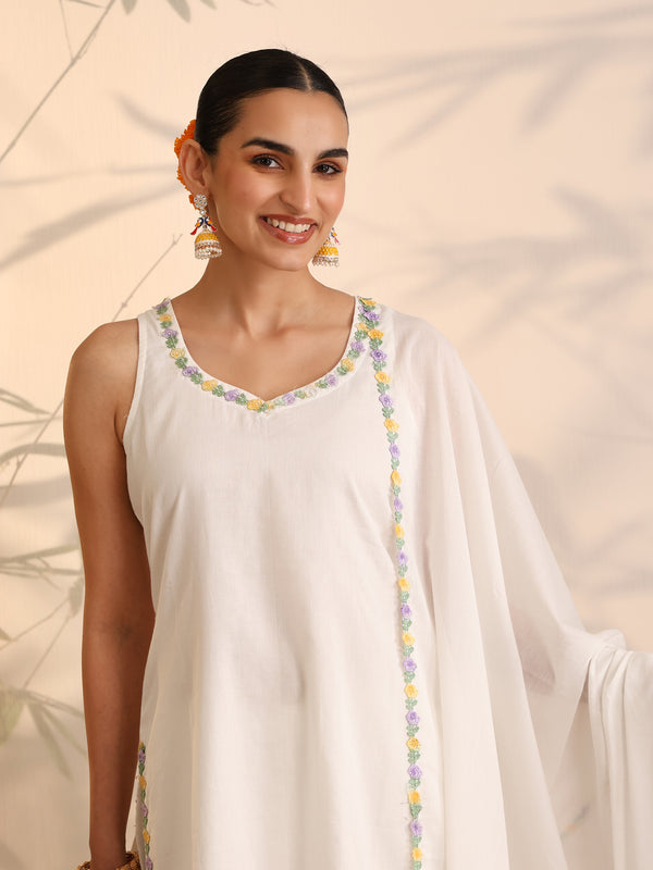 Khushal K Women Cotton Kurta and Sharara With Dupatta Set - White