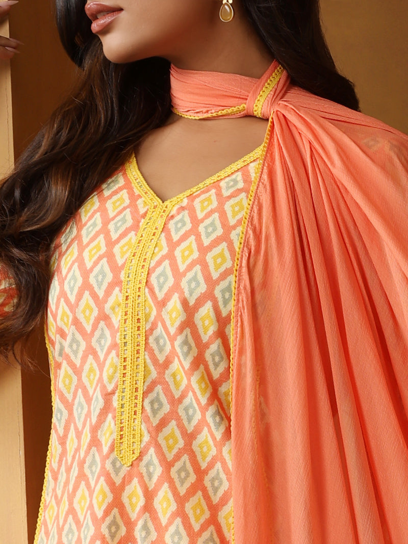 Geometric Printed Pure Cotton Straight Kurta With Palazzo And Dupatta