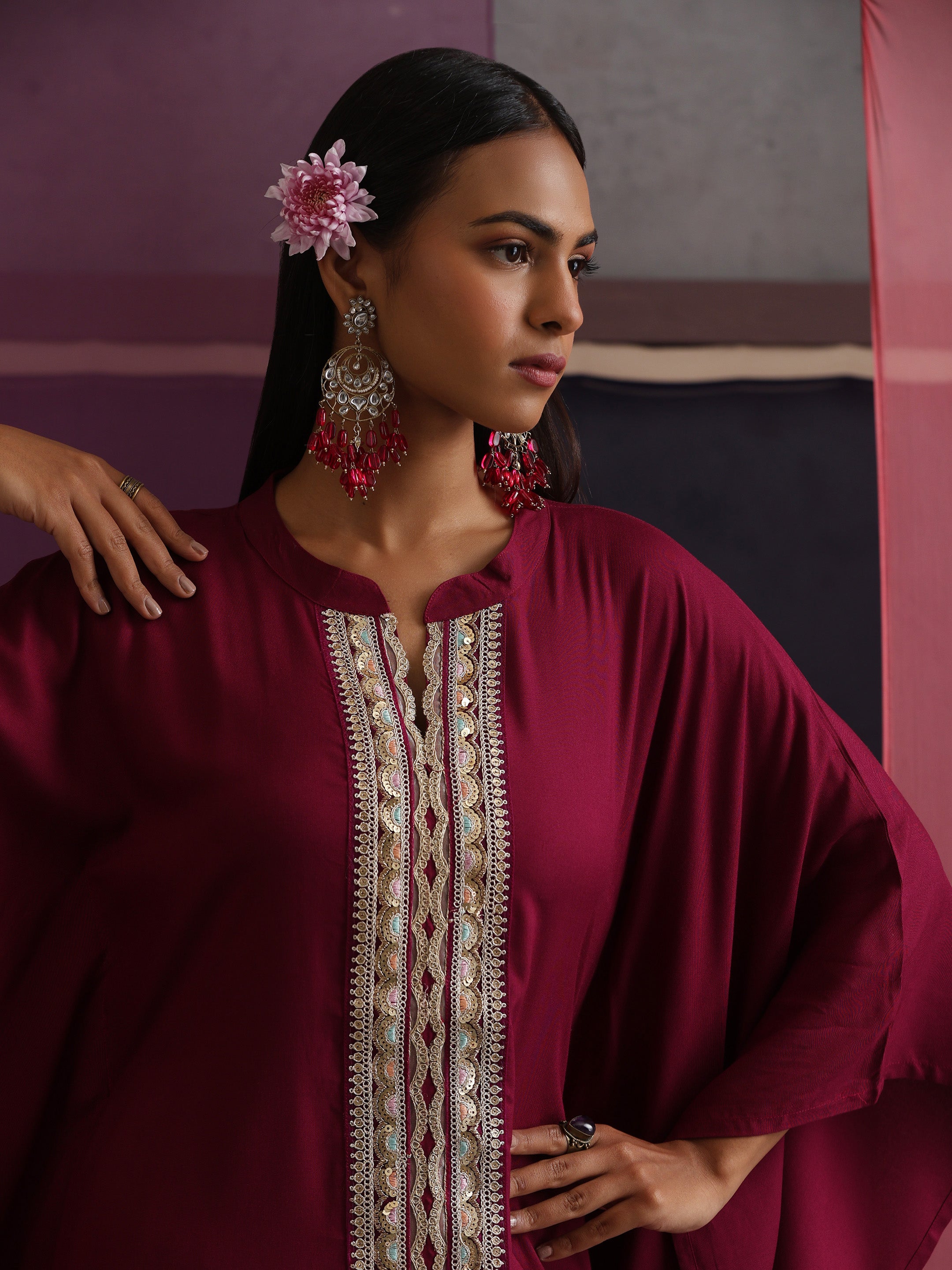 Khushal K Women Mandarin collar Maroon Kaftan set