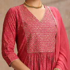 Rayon Anarkali Kurta Set featuring intricate  thread embroidery and a graceful, contrast Chiffon dupatta